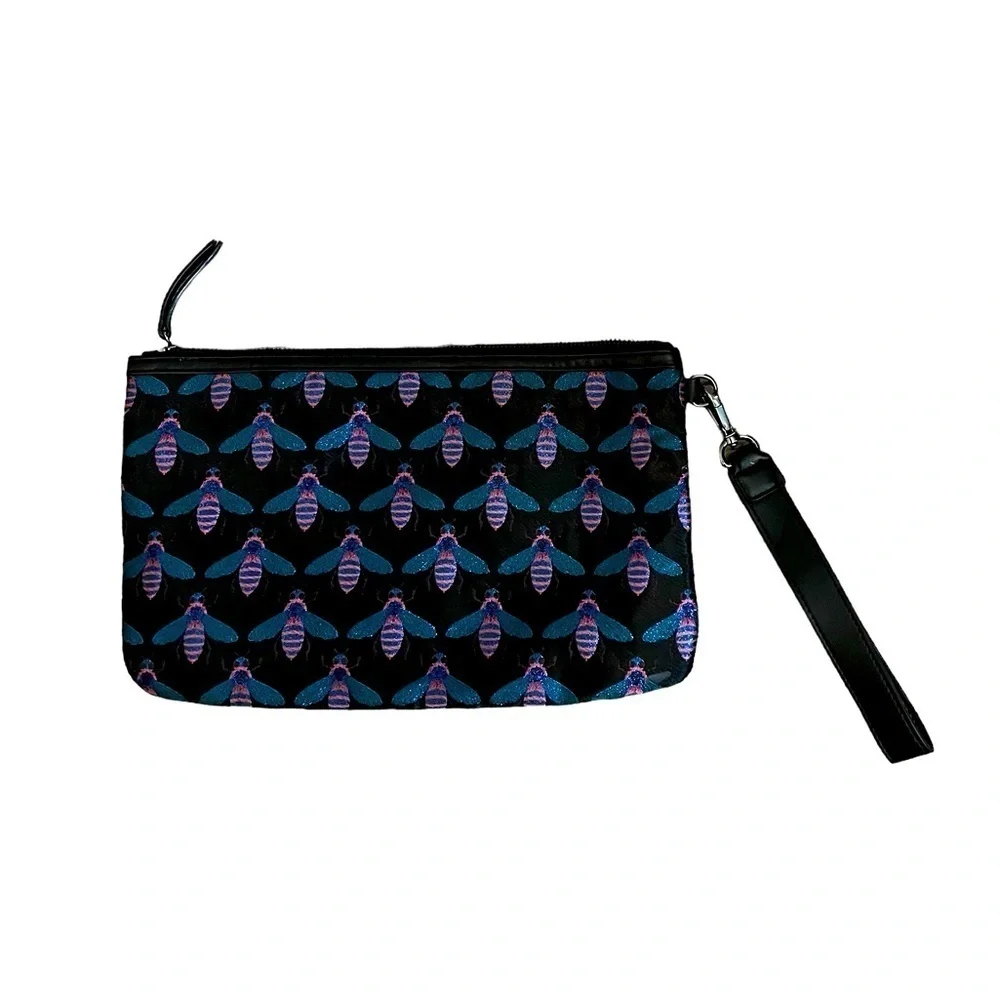 Nine West large black zipper pouch with iridescent blue & pink bees / bugs